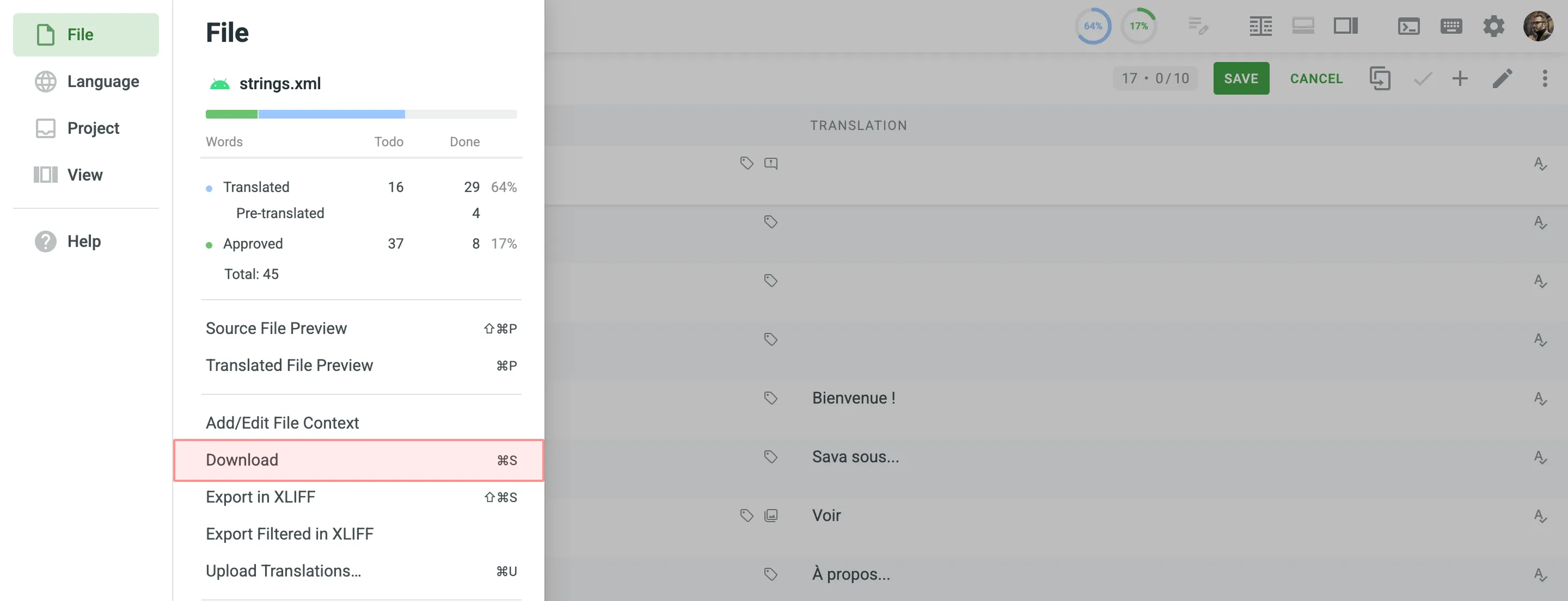 Download File Translations in Editor